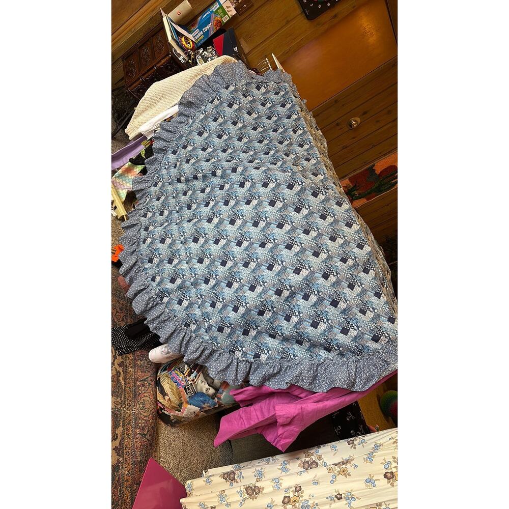 vintage 70s blue patchwork print round tablecloth calico ruffled